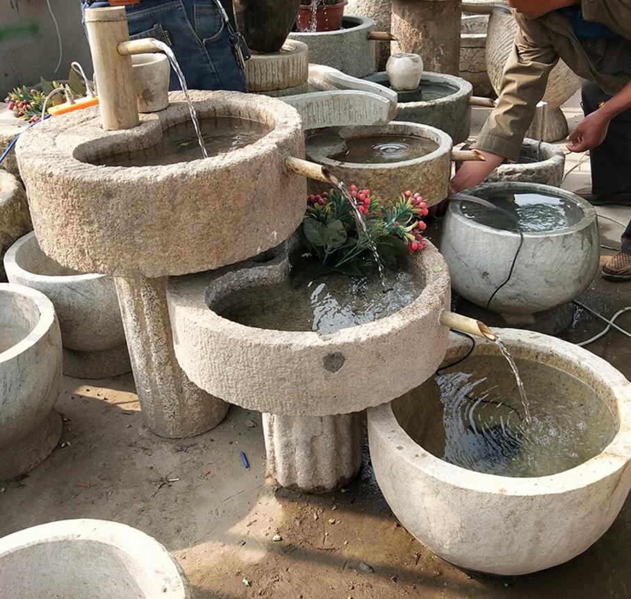 厂家直销 青石石雕流水摆件 家居老磨盘组合 流水景园林小品装饰