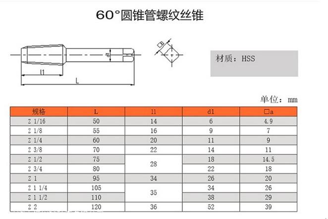 60度圆锥管螺纹丝锥