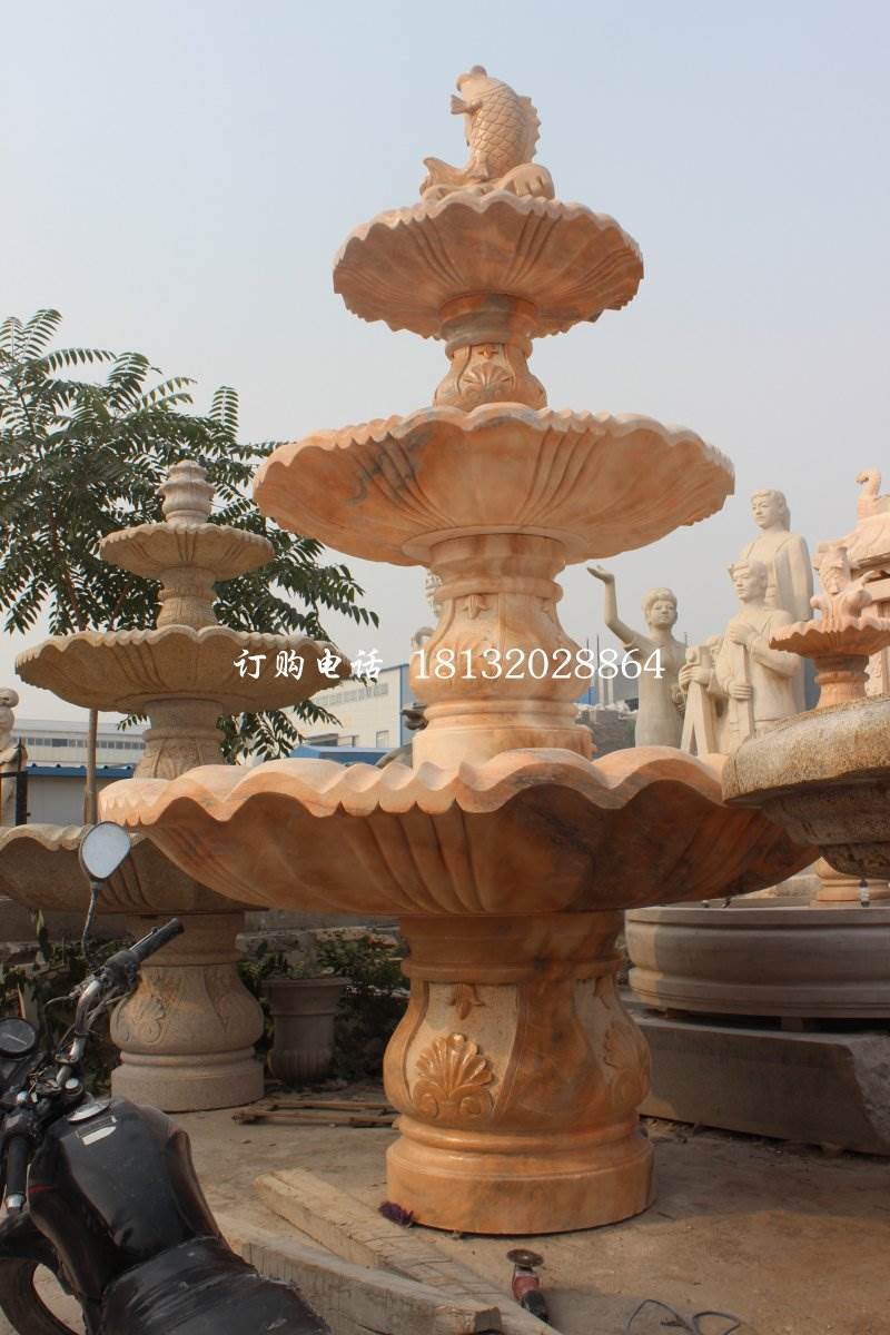 三层跌水盆雕塑晚霞红喷泉石雕