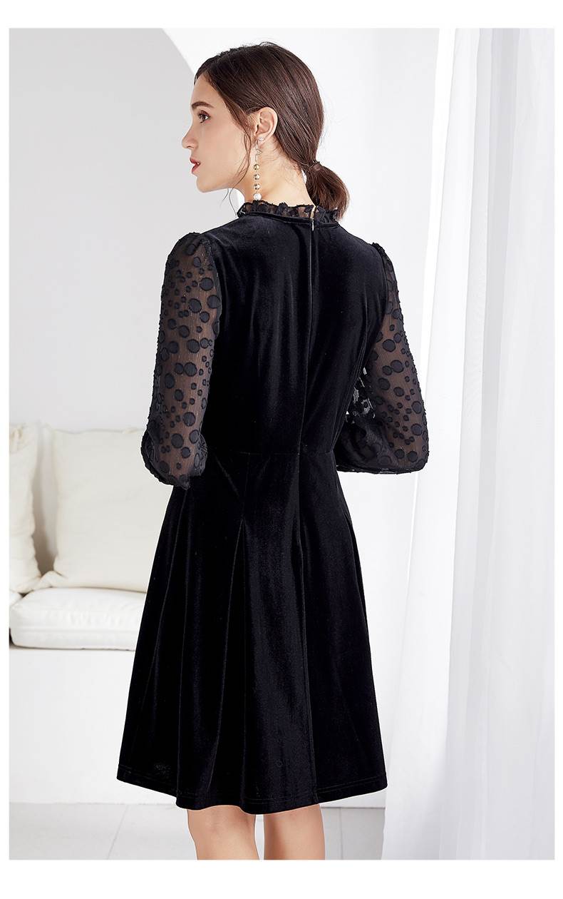 金丝绒长裙长袖连衣裙 三彩库存女装服装批发 杭州四季青服装