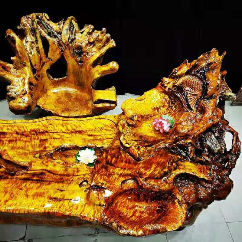 黄金樟根雕茶台 实木整体雕刻 客厅大型霸气招待 功夫茶几茶桌