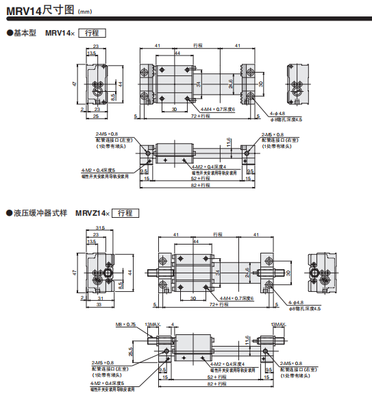 KOGANEI/小金井磁力式无杆气缸，产品尺寸图