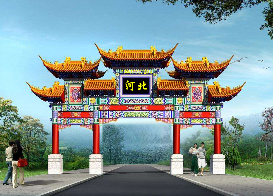 「四柱三门三层农村仿古门楼」视频介绍-河北若艺古建工程有限公司