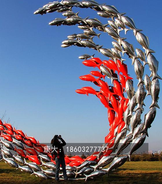 广场水池不锈钢鱼群雕塑 抽象鱼群不锈钢景观雕塑