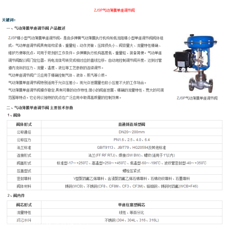 厂家直销沈高阀门云南总代理 ZJSP气动薄膜单座调节阀