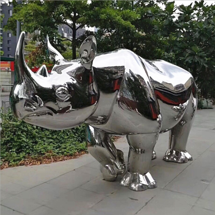 不锈钢犀牛雕塑 镜面不锈钢动物雕塑加工定制