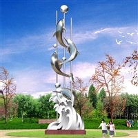 不锈钢海豚雕塑，镜面海豚摆件