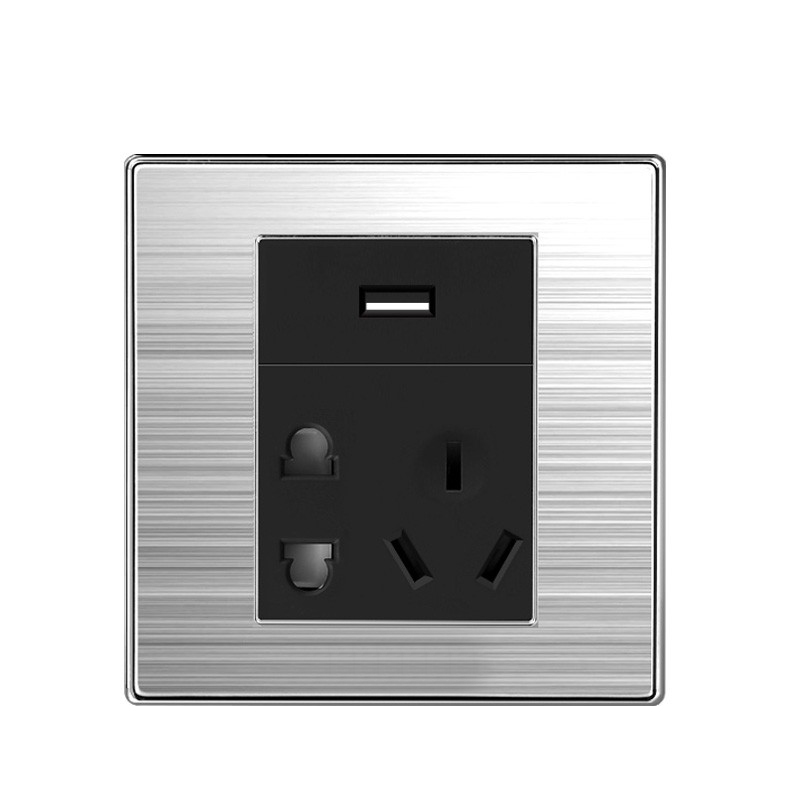 罗邦 插座 K6咖啡黑/金色（不锈钢拉丝LED） 五孔插座带双USB