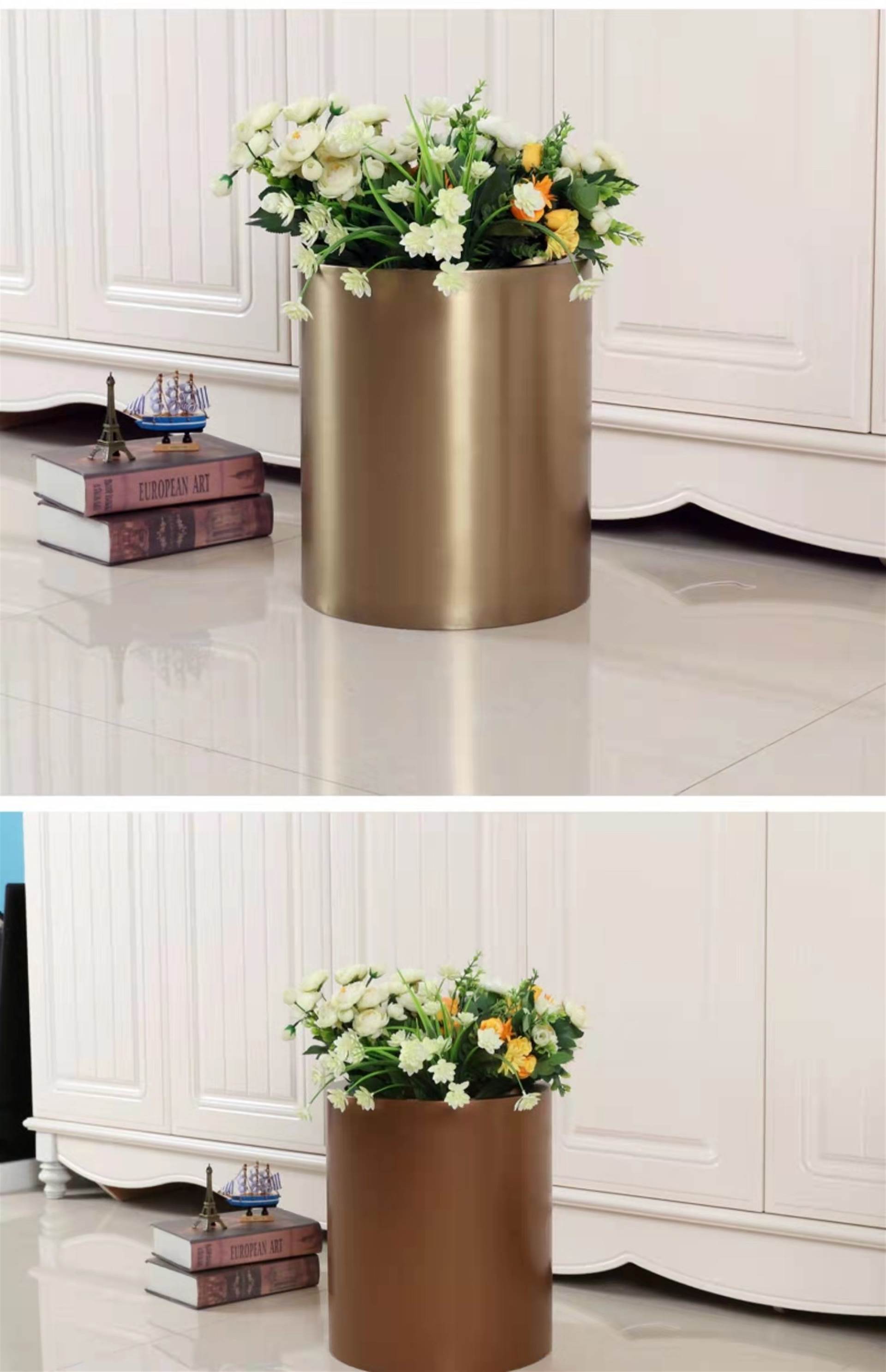 不锈钢圆形花瓶 户外大型花盆方形 长方形花器酒 店广场宾馆花盆