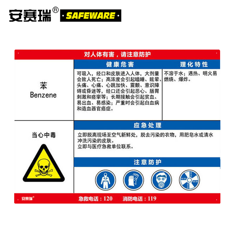 安赛瑞 职业病危害告知卡（苯）-ABS板,600×450mm，14637  14637