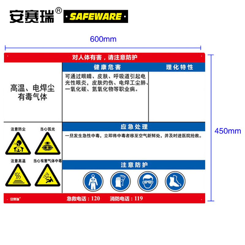 职业病危害告知卡（高温、电焊尘、有毒气体）-ABS板,600×450mm，14636