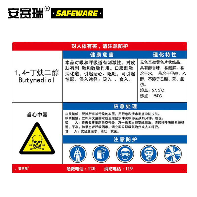 安赛瑞 职业病危害告知卡（1,4-丁炔二醇）-ABS板,600×450mm，14635  14635
