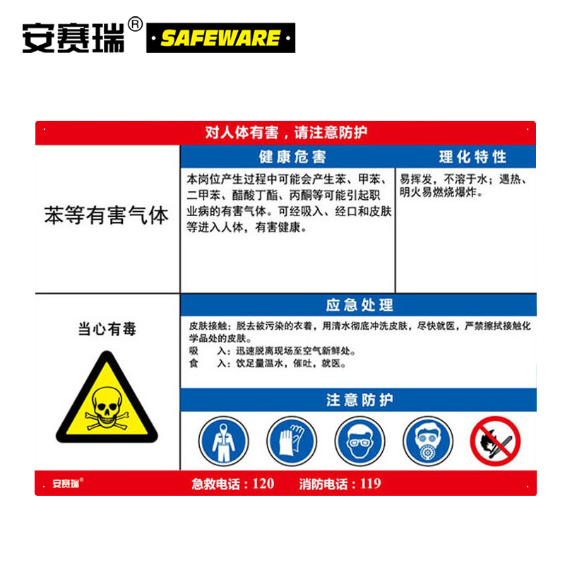 安赛瑞 职业病危害告知卡（苯等有毒气体）-ABS板,600×450mm，14632  14632