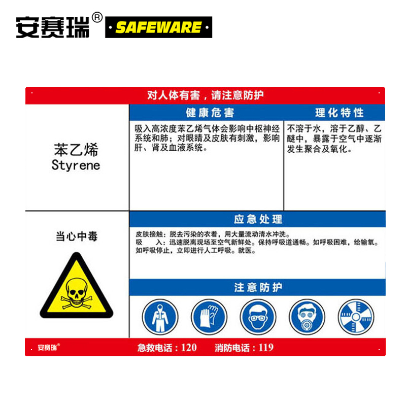 安赛瑞 职业病危害告知卡（苯乙烯）-ABS板,600×450mm，14631  14631