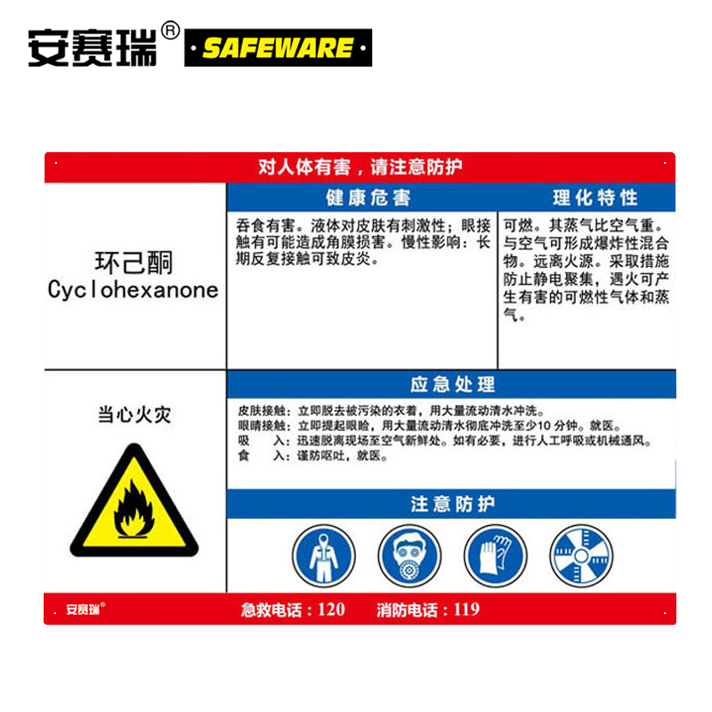 安赛瑞 职业病危害告知卡（环己酮）-ABS板,600×450mm，14629  14629