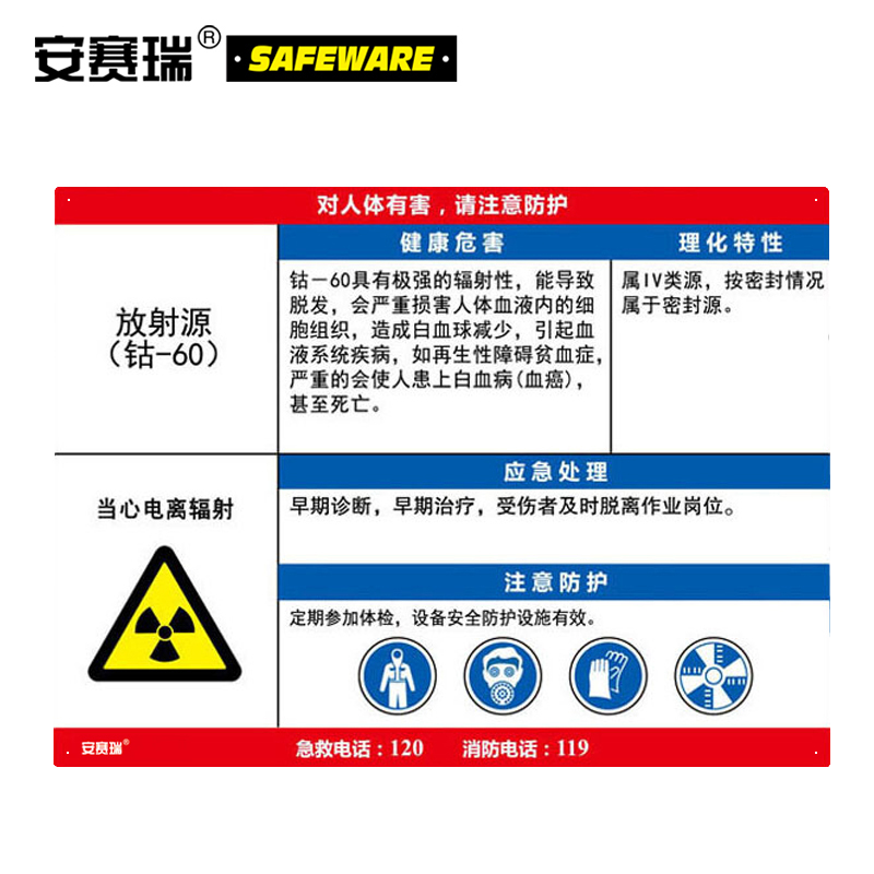安赛瑞 职业病危害告知卡（放射源 钴-60）-ABS板,600×450mm，14628  14628